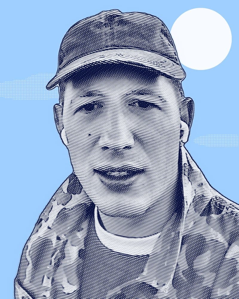 Engraved portrait of Nicolai Brunner in a cap and camo jacket